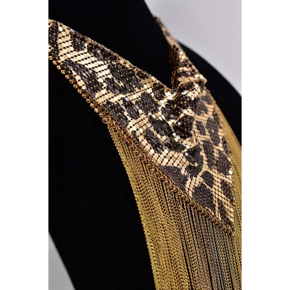 Vintage Chainmail Bib Collar Necklace Fringe Multi-Chain Leopard Gold 70s BinBL